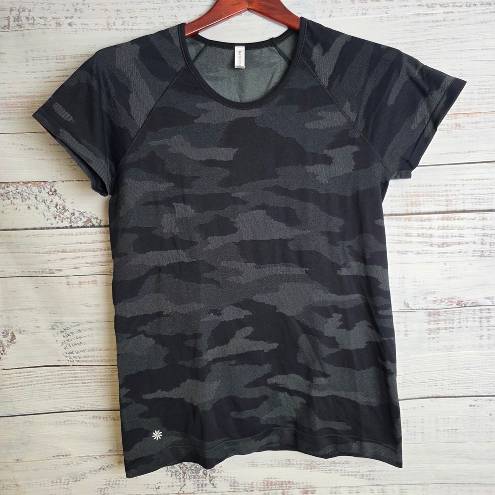 Athleta Momentum Camo Tee Womens Large Black Grey Camouflage Activewear Top - Picture 2 of 8